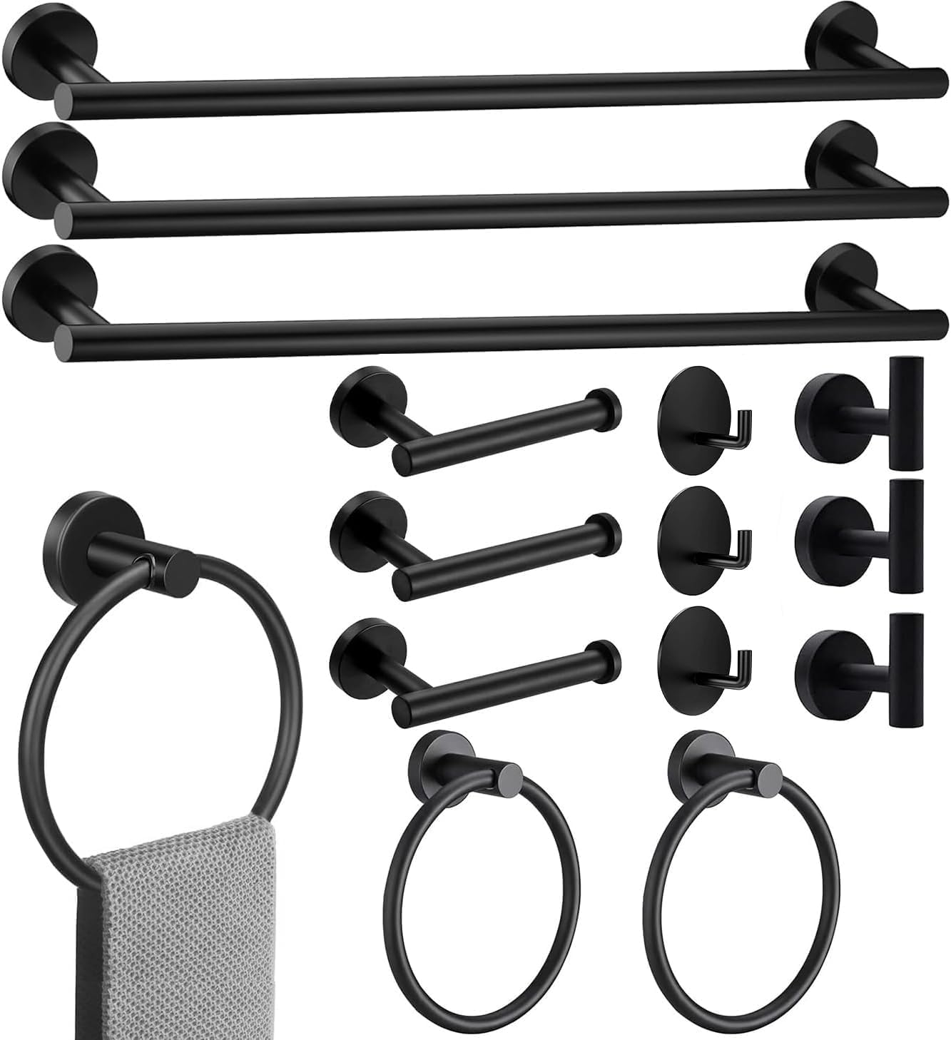 15sets 23.6inch Matte Black Bathroom Hardware Set, Include 3PCS 23.6inch Towel Bar, 3PCS Towel Ring, 3PCS Toilet Paper Holder, 6PCS Robe Hook-Matte Black