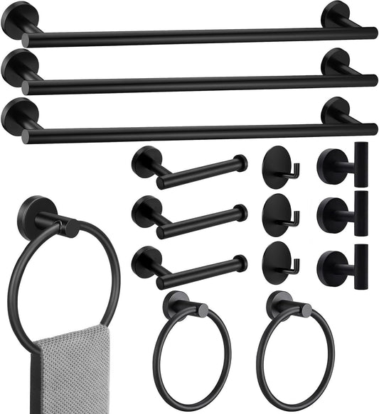 15sets 23.6inch Matte Black Bathroom Hardware Set, Include 3PCS 23.6inch Towel Bar, 3PCS Towel Ring, 3PCS Toilet Paper Holder, 6PCS Robe Hook-Matte Black