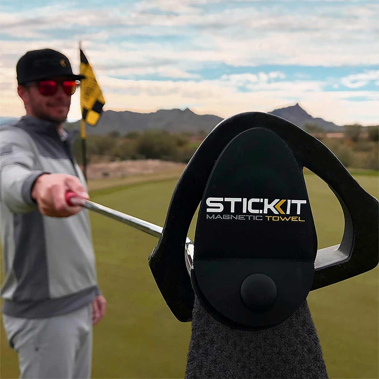 STICKIT Magnetic Towel, Black | 2-Pack | Top-Tier Microfiber Golf Towel with Deep Waffle Pockets | Industrial Strength Magnet for Strong Hold to Golf Carts or Clubs
