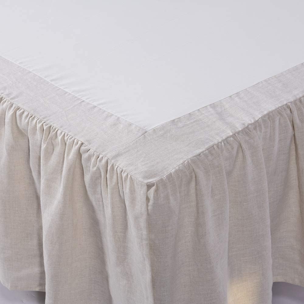 MEADOW PARK Washed French Linen Bed Skirt, Dust Ruffl, Full Size 54" W x 75" L, Drop 16", Super Soft, Ruffle Style, Natural Color