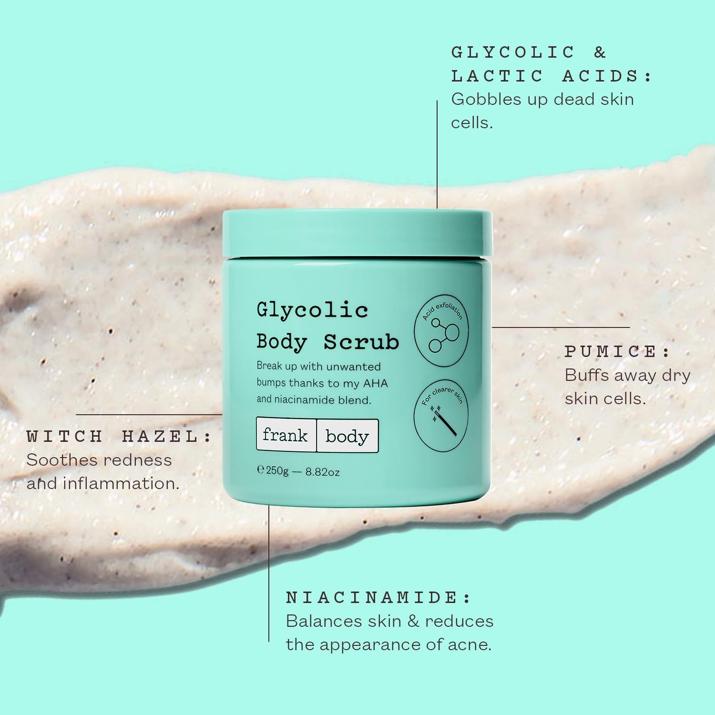 frank body Glycolic Acid Body Scrub | Fights KP & Breakouts, Spots & Tighten Pores | Reduces Acne with Niacinamide & Soothes with Witch Hazel | Glycolic Acid & Pumice | 8.82 oz | Pack of 1