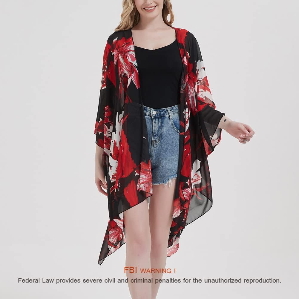 Women's Bohemian Floral Chiffon Beach Cover up Swimsuit Kimono Summer Swimwear Cardigans