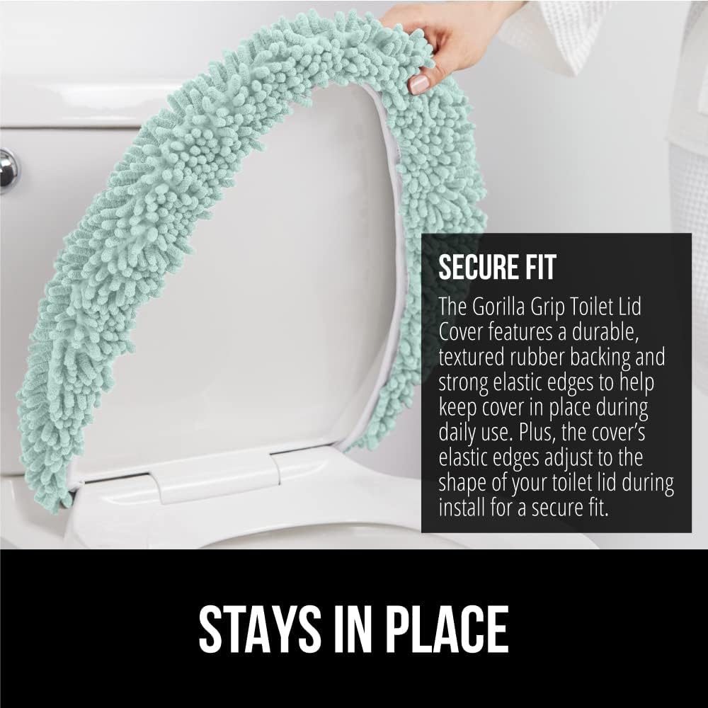 GORILLA GRIP Soft Chenille Bathroom Toilet Lid Cover, Machine Washable Seat Covers, 19.5x18.5, Stays in Place Rubber Backing, Fits Most Round, Elongated and Oblong Lids, Accessories Decor, Seablue
