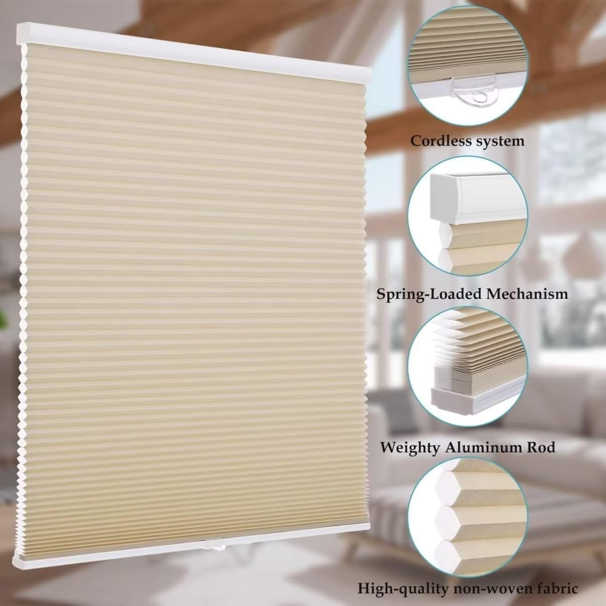MYshade 1.5-Inch Cellular Cordless Light Filtering Shades,Thermal Insulating Noise Reducing Waterproof Blinds,Honeycomb Window Treatments for Indoor Light Control (Beige-29 W x 72" H)