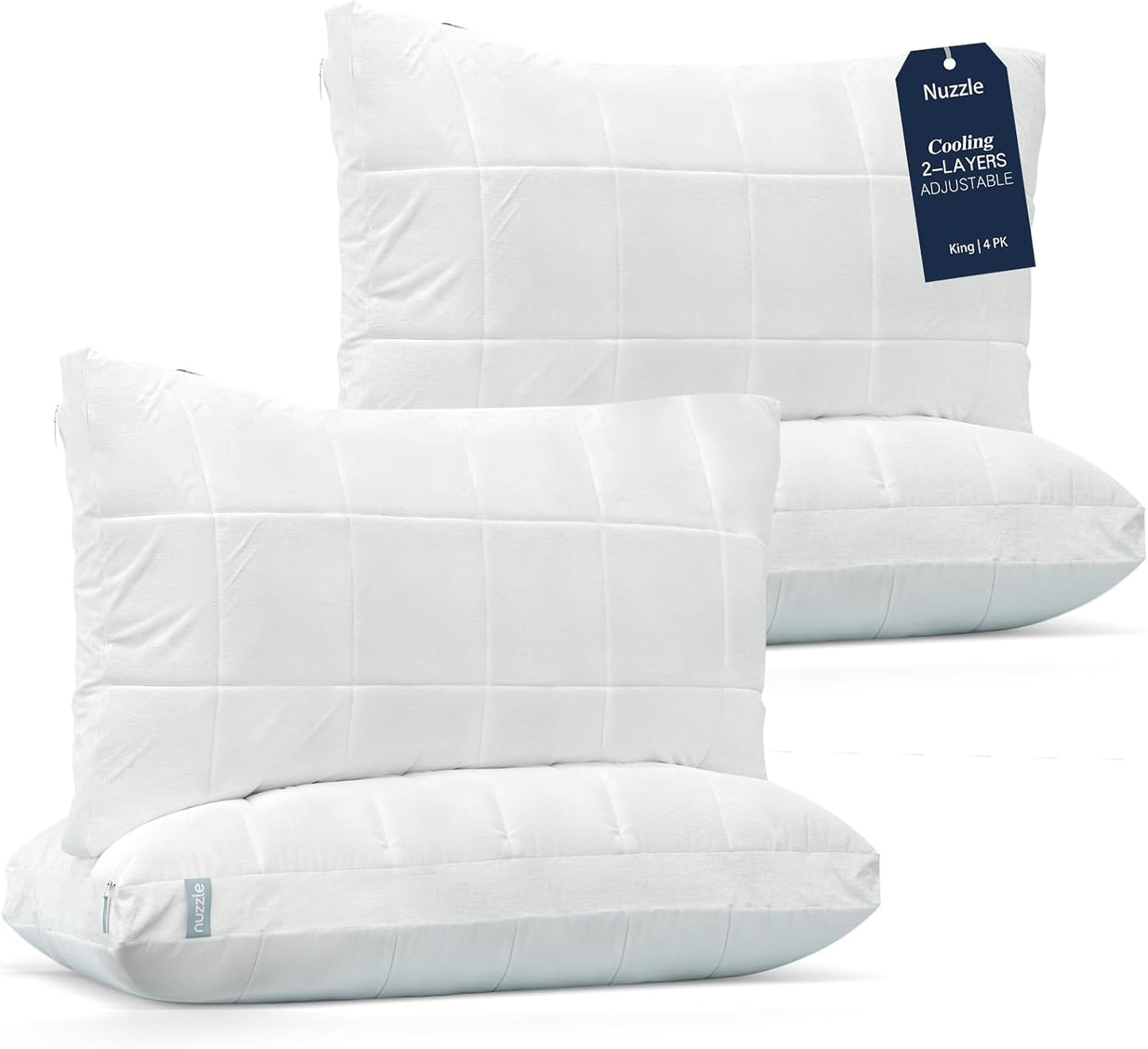Nuzzle Cooling Adjustable Pillows for Side Sleepers, Luxury King Size Set of 4 Bed Pillows Hotel Collection - Best Adjust Height Soft Firm Pillows for Back, Stomach and Side Sleepers