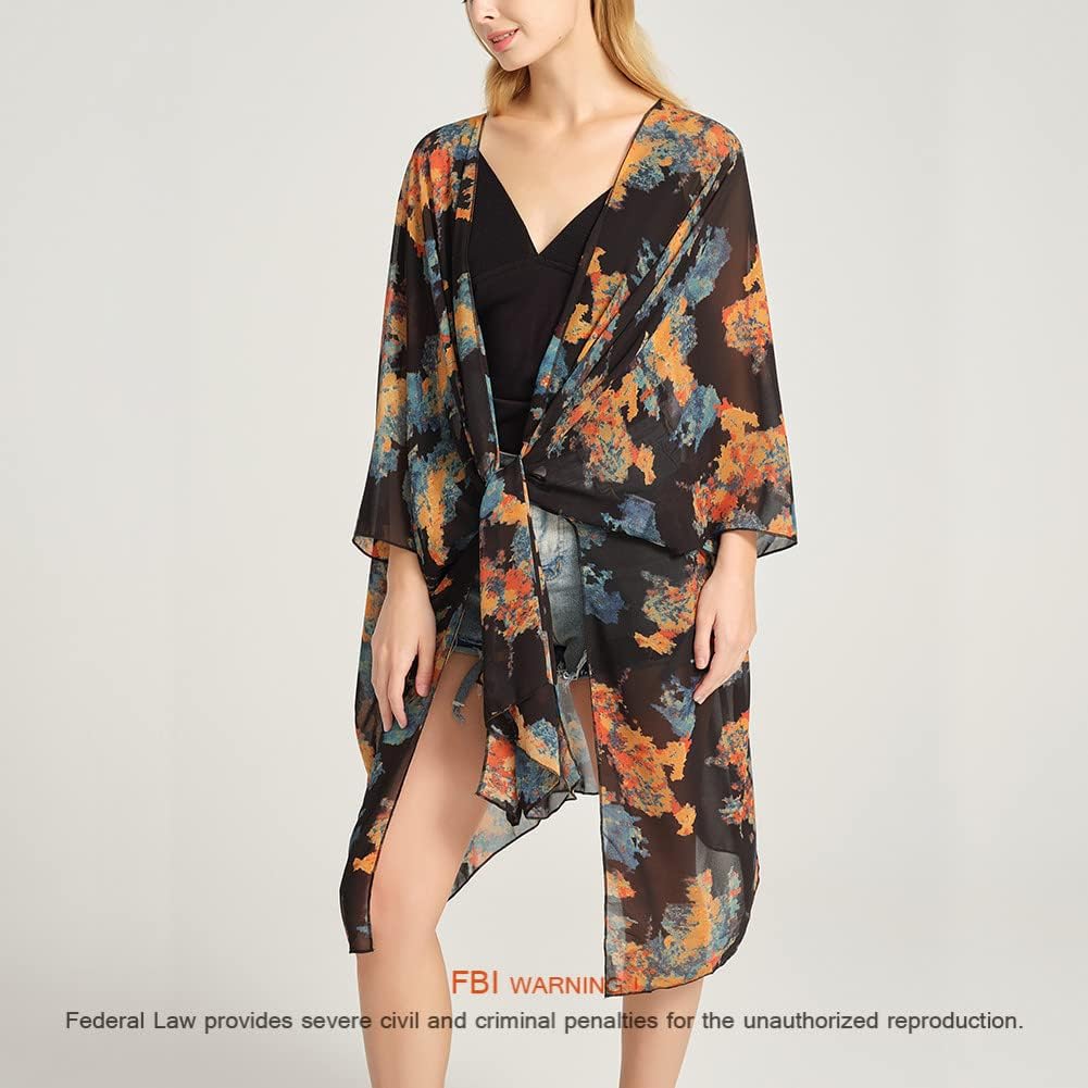 Women's Bohemian Floral Chiffon Beach Cover up Swimsuit Kimono Summer Swimwear Cardigans