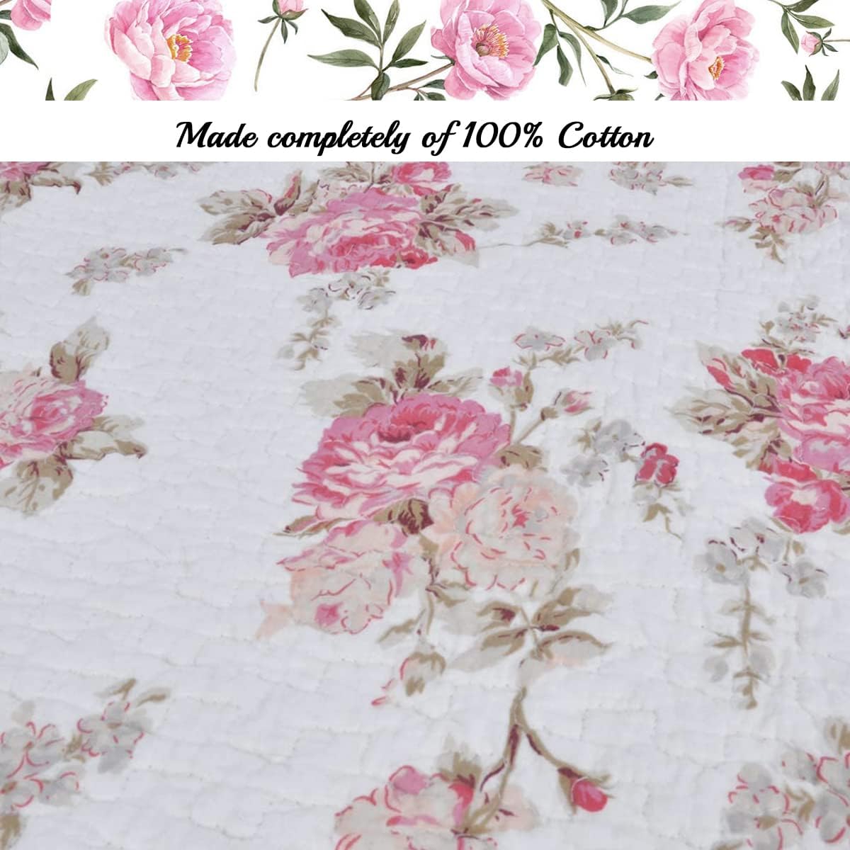 Cozy Line Home Fashions Romantic Pink Peony Floral 100% Cotton Reversible Quilt Bedding Set, Coverlet, Bedspread (Pink Peony, King - 3 Piece)