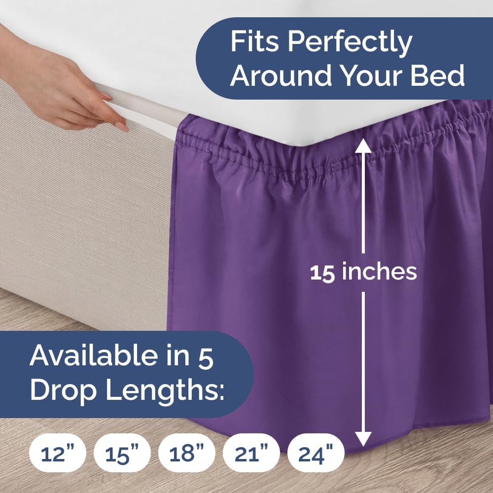 Wrap Around Dust Ruffle Bed Skirt - Purple - Twin/Twin XL Size Beds with 15 Inch Drop - Easy Fit Elastic Strap - Adjustable Pleated Bedskirt w/Brushed Fabric - Wrinkle Free - Women, Men, Kids & Teens