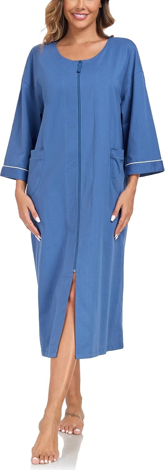 ANLIQI Women's 100% Cotton Robes Long Zipper Front House coats 3/4 Sleeve Bathrobes Lightweight Full Length Robe with Pockets