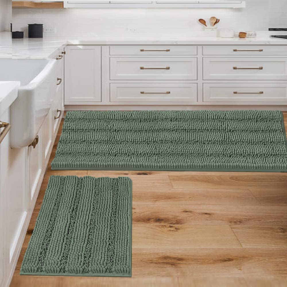 H.VERSAILTEX 2 Piece Bathroom Rugs Bath Mats Sets Super Absorbent Chenille Striped Bath Mats Non Skid Machine Wash Dry Rugs for Bathroom Floor (Green Bay, 47 x 17 Plus 17 x 24 - Inches)