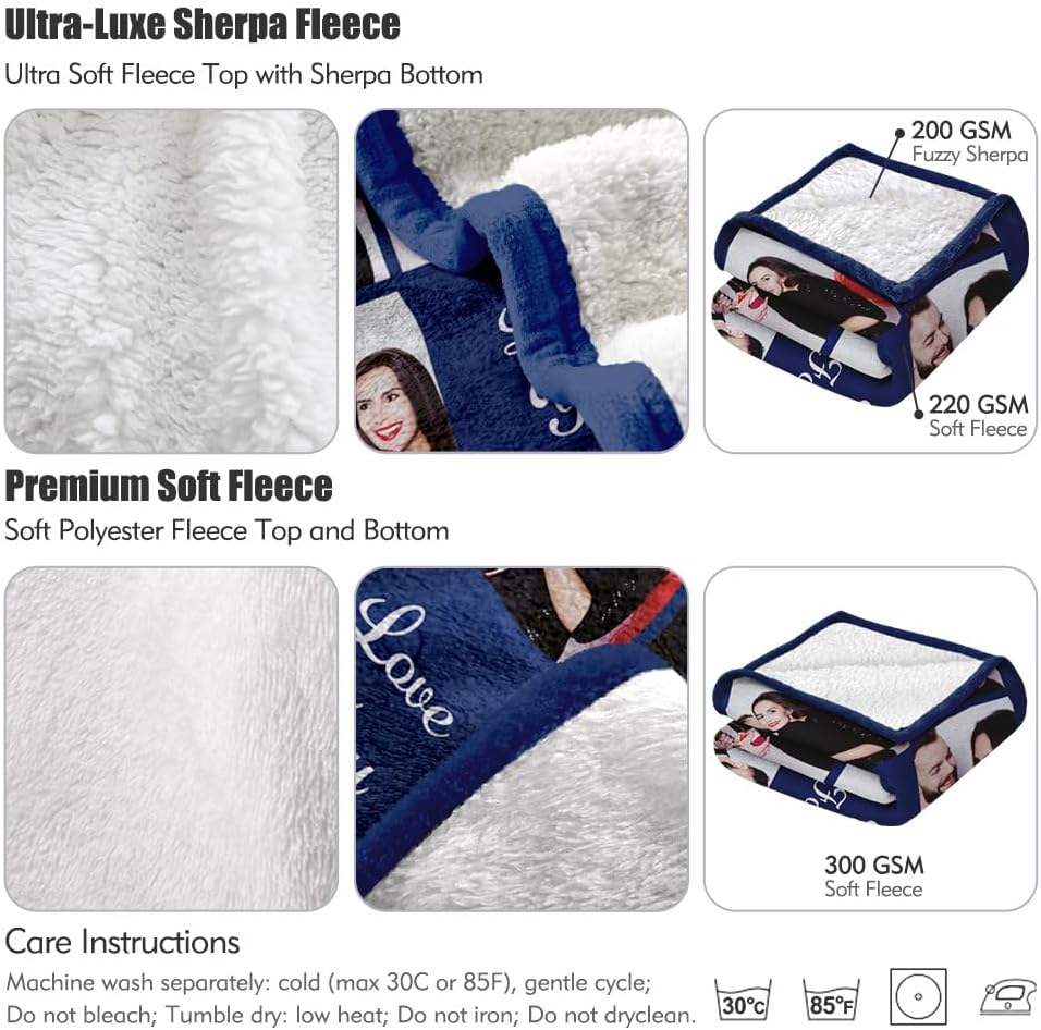 Sherpa Fleece Custom Photo Blanket - Soft, Warm, Fuzzy - Personalized Couples Gifts for Boyfriend, Girlfriend - Customized Picture Blanket for Birthday, Christmas