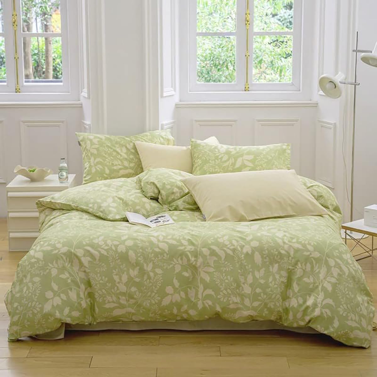 KAREVER Green Botanical Comforter Set Cal King Sage Floral Comforter Women Girls Matcha Green Floral Plant Bohemian Sage Green Blanket Rustic Leaf Blossom California King Bed Comforter