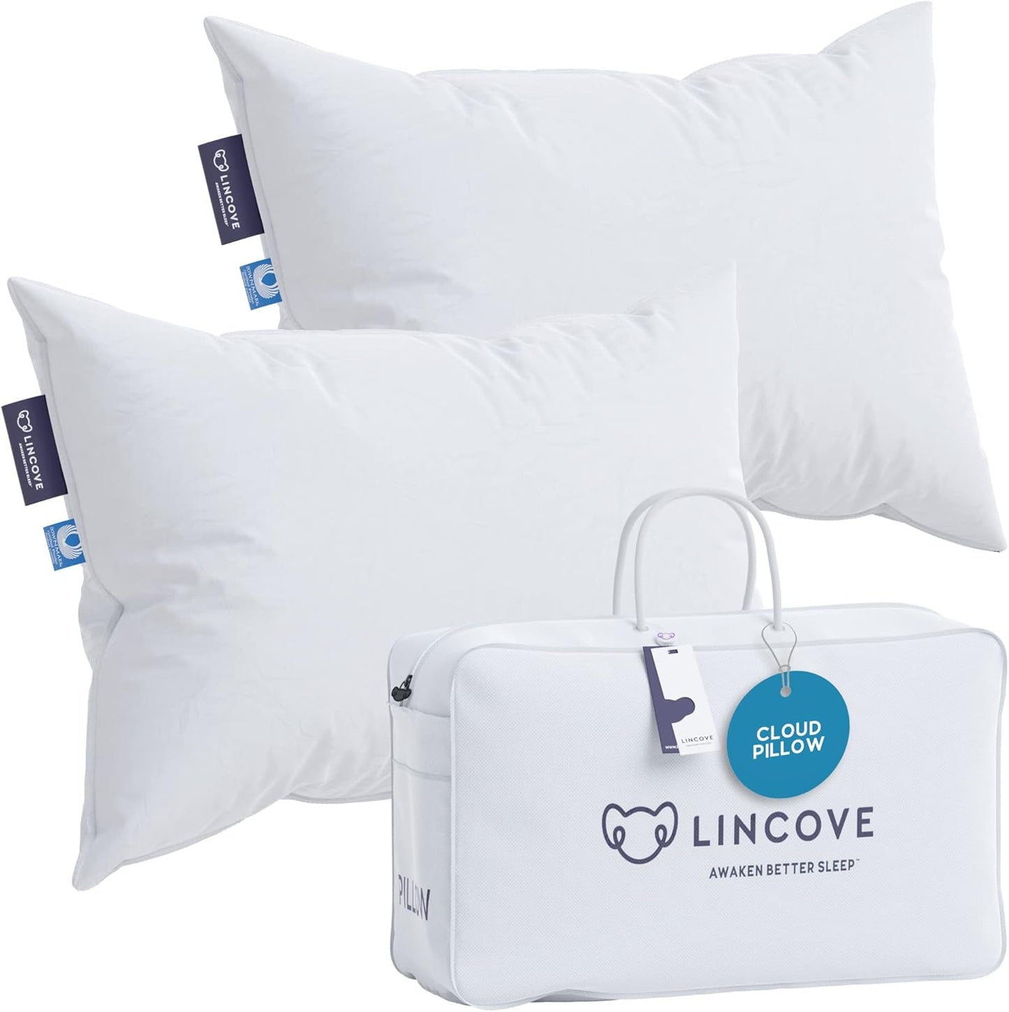 Lincove Cloud Natural Canadian Down Pillow, White Luxury Sleeping Pillow - 625 Fill Power, 100% Cotton Shell, 500 Thread Count, Made in Canada, Queen - Soft, 2 Pack
