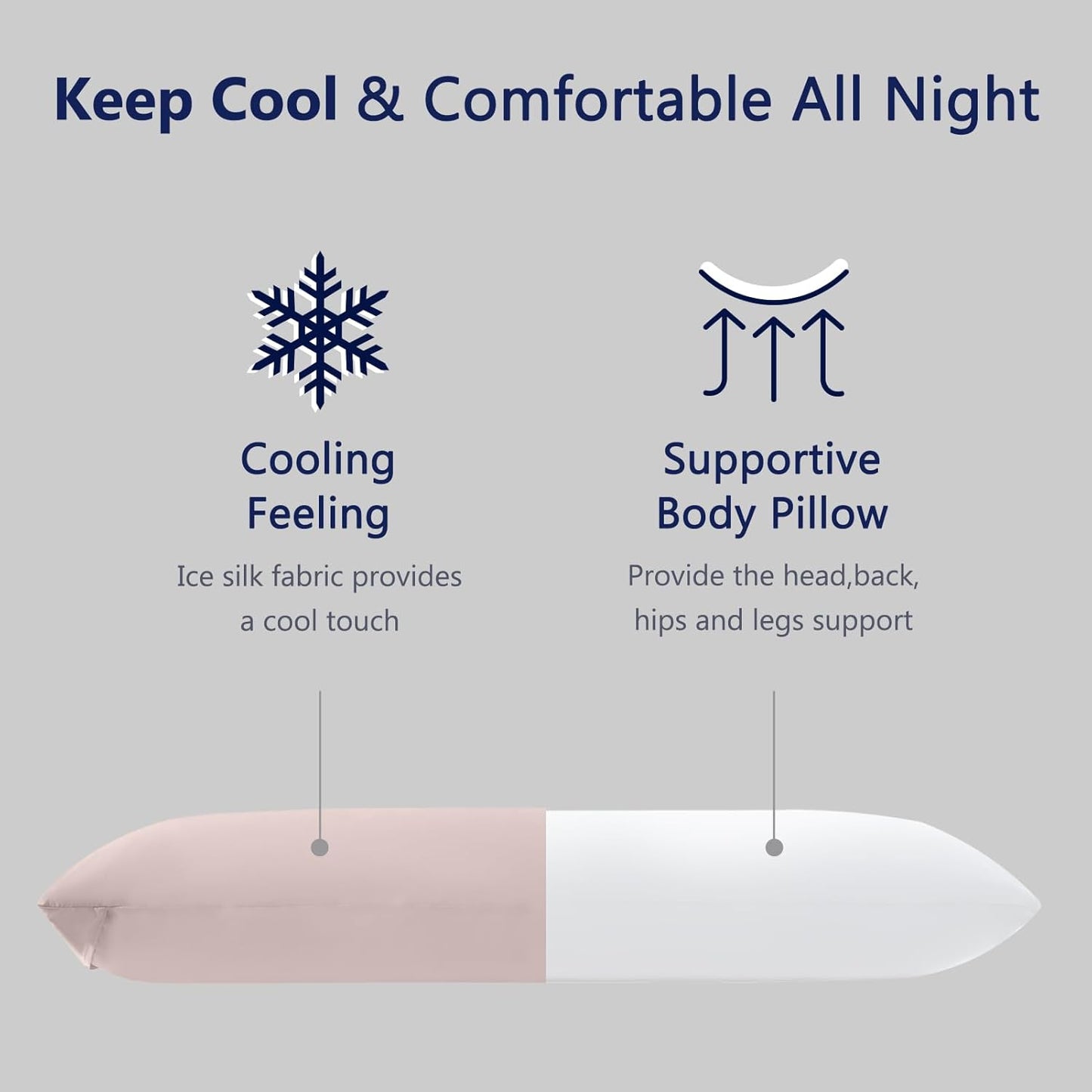 DOWNCOOL Large Body Pillow Insert with Cooling Cover - Soft Long Bed Pillow for Summer - Breathable Full Body Pillow for Adults - 20x54 inch (Pink, with Cover)