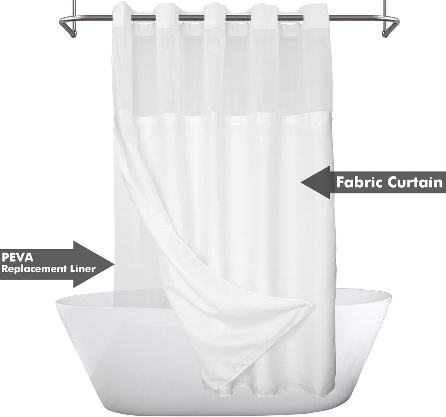 River Dream Extra Long No Hook Slub Textured Shower Curtain with Snap-in PEVA Liner Set - 71" x 98"(96"), Hotel Style with See Through Top Window, Fabric Curtain & Waterproof Liner, White, 71x98