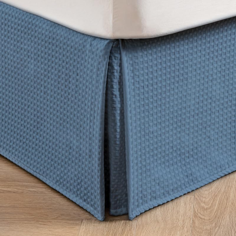 MIYE Pleated Waffle Weave Bed Skirt, Tailored Dust Ruffle 18 Inch Drop Easy Fit, Machine Washable (Blue, Twin - 18" Drop)