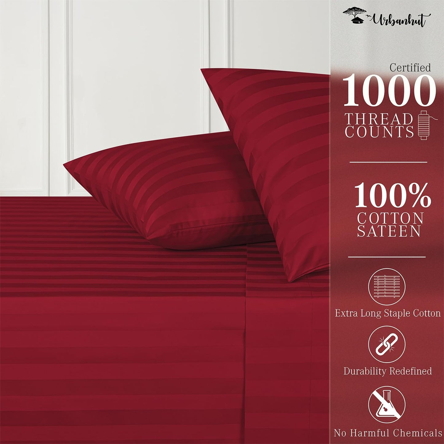 URBANHUT 1000 Thread Count Damask Striped Full Bed Sheets Egyptian Cotton Sheet Set, Long Staple Soft & Breathable, 4 Pc Bed Sheet Sets, Luxury Hotel Sateen Sheets Fits 16" Deep Pocket - Burgundy