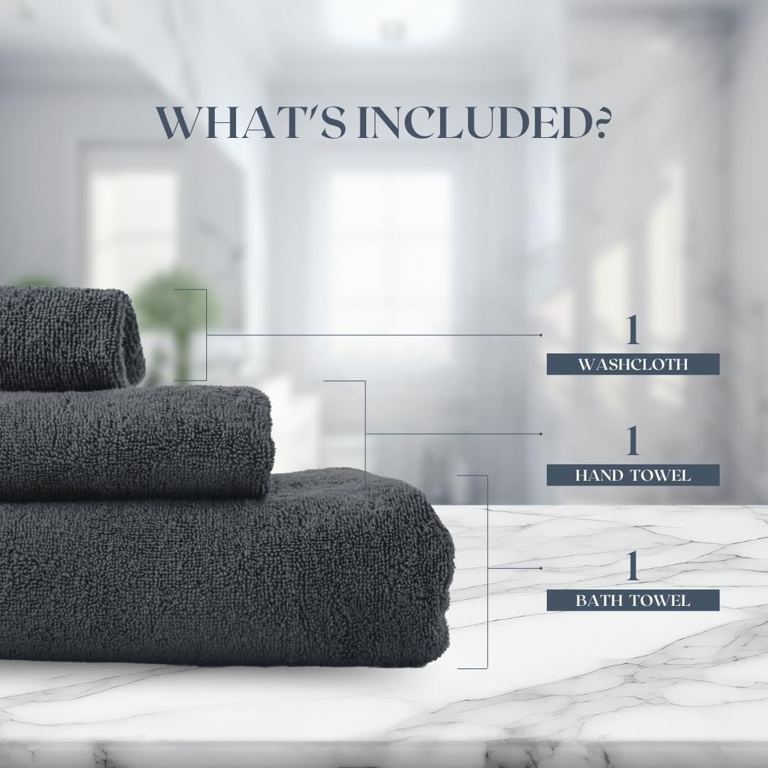 Egyptian Cotton Towel Set - 3 Piece | Ultra Soft 100% 600 GSM Towels | 1 Bath, 1 Hand, 1 Washcloth | Quick Dry, Durable for Bathroom, Home, Spa, Gym | Premium Towel Set (Dark Gray)