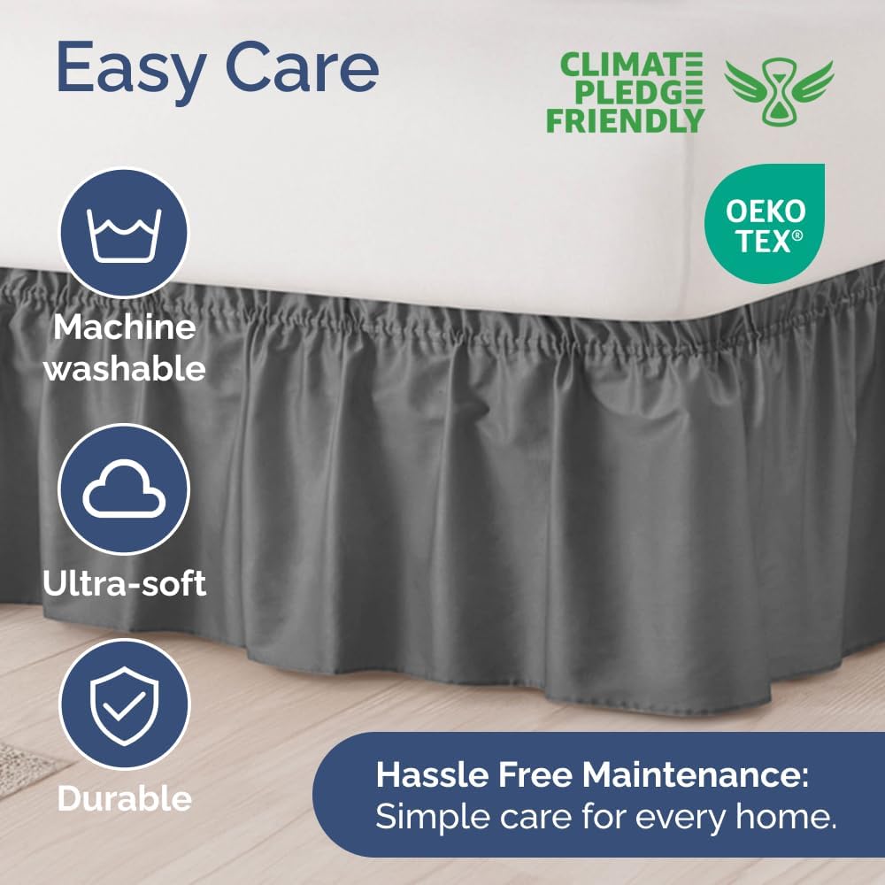 Wrap Around Dust Ruffle Bed Skirt - Dark Grey - for Full Size Beds w/ 16 Inch Drop - Easy Fit Elastic Strap - Adjustable Pleated Bedskirt with Brushed Fabric, Wrinkle Free Women, Men, Kids and Teens