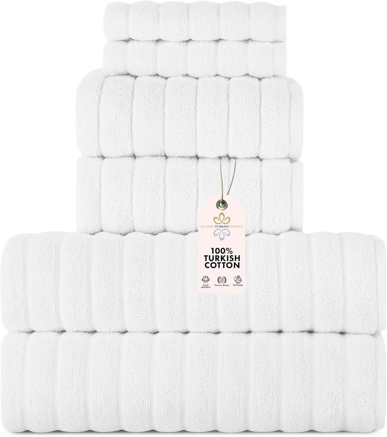 Classic Turkish Towels CTT Luxury 6 Piece Towel Set, 100% Turkish Cotton, Quick Drying, Highly Absorbent & Comfy, Includes 2 Bath Towels, 2 Hand Towels & 2 Washcloths | (White)