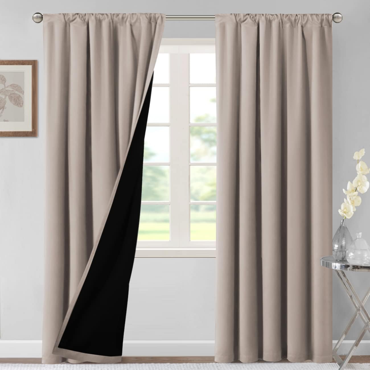 H.VERSAILTEX 100% Blackout Curtains for Bedroom Thermal Insulated Blackout Curtains 96 Inches Long Rod Pocket/Clip Rings Curtains for Living Room with Black Liner 2 Panels, Natural Sand