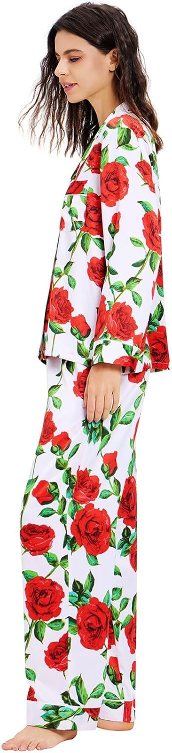 Lonxu Silk Satin Womens Pajama Sets Button Down Sleepwear Loungewear XS~3XL