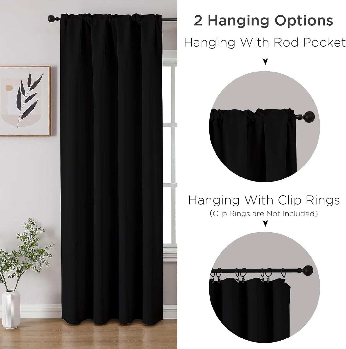 CUCRAF Black Blackout Curtains 108 inch Length 2 Panels Set, Rod Pocket Room Darkening Drapes for Bedroom Living Room, Insulated Thermal Light Blocking Window Curtain (W52 x L108 Inch)