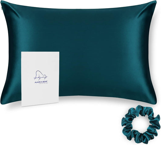 ALASKA BEAR Silk Pillowcase for Hair and Skin, 100% Mulberry Silk Pillow Cases Standard Size for Bliss Sleep with Random Color Scrunchy Gift Set Better Than Poly Satin, 1 Pack, Teal/Dark Turquoise