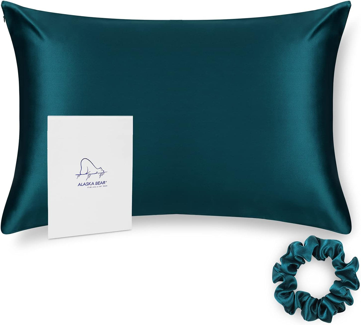 ALASKA BEAR Silk Pillowcase for Hair and Skin, 100% Mulberry Silk Pillow Cases Queen Size for Bliss Sleep with Random Color Scrunchy Gift Set Better Than Poly Satin, 1pc, Teal/Dark Turquoise