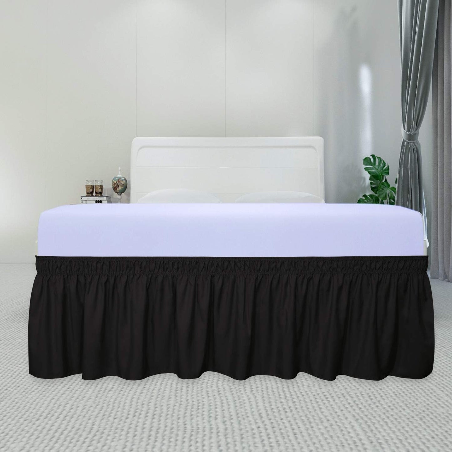 PureFit Wrap Around Ruffled Bed Skirt with Adjustable Elastic Belt - 18 Inch Drop Easy to Put On, Wrinkle Free Bedskirt Dust Ruffles, Bed Frame Cover for Queen, King and C-King Size Beds, Black
