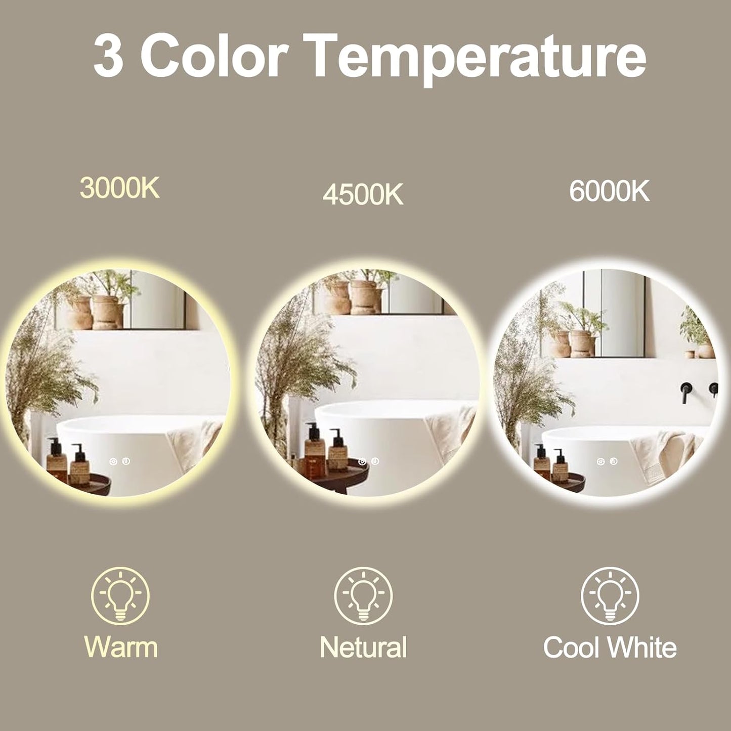 36 Inch Round LED Bathroom Mirror Backlit Anti-Fog Wall Mounted Lighted Bathroom Vanity Mirror 3 Colors Light Dimmable Smart Makeup Mirror with Touch Switch