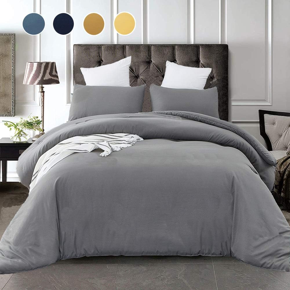 Cottonight Grey Comforter Set Twin Dark Grey Bedding Set Modern Solid Gray Blanket Quilts Modern Soft Breathable 3 Piece Comforter Set for Twin Bed Boys Kids