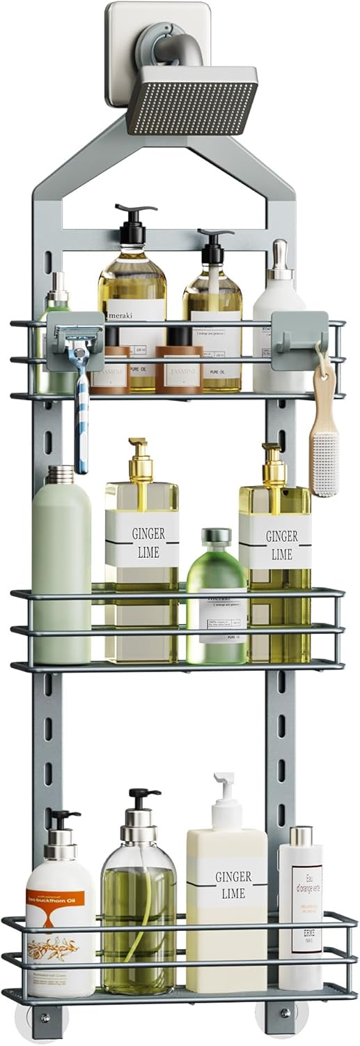 Orimade Adjustable Anti-slip Shower Caddy Overhead, Rustproof Hanging Shower Organizer With 2 Razor Hooks - No Drilling, 3-Tier Shelves, Silver Grey