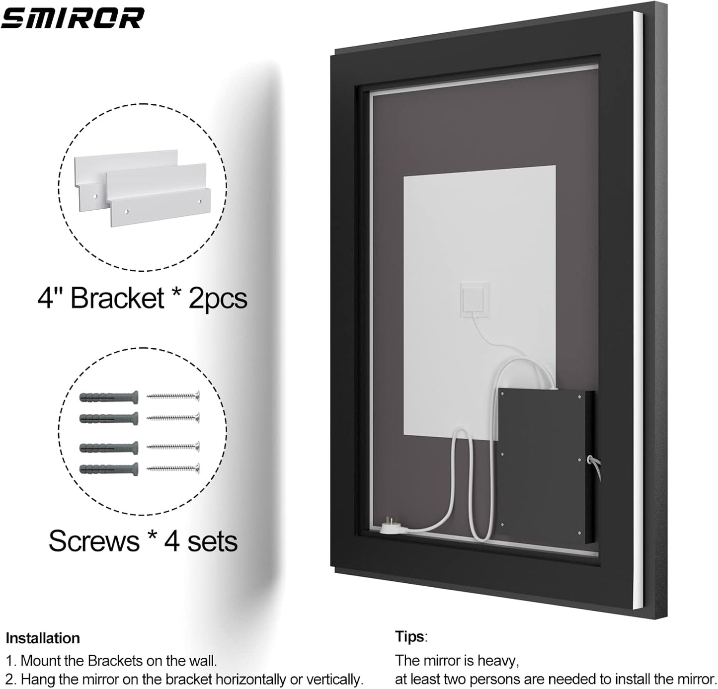 SMIROR 28x 36 Inch Lighted Mirrors with Black Frame for Bathroom Wall, Smart Led Vanity Mirrors, Front and Backlit, Dimmable, Anti-Fog, Memory, Shatterproof, ETL Listed (Horizontal/Vertical)