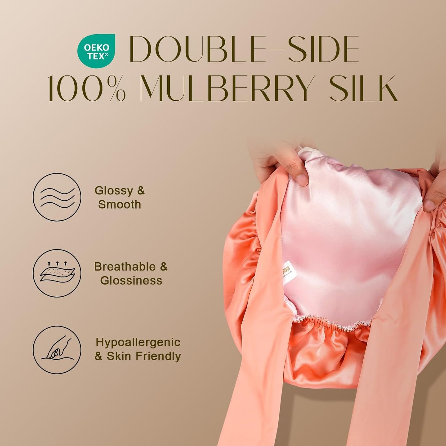 ZIMASILK 100% Mulberry Silk Bonnet for Sleeping Women Long Hair Double Layer Silk Hair Wrap with Tie Band Stay On Head (1Pc, Coral)