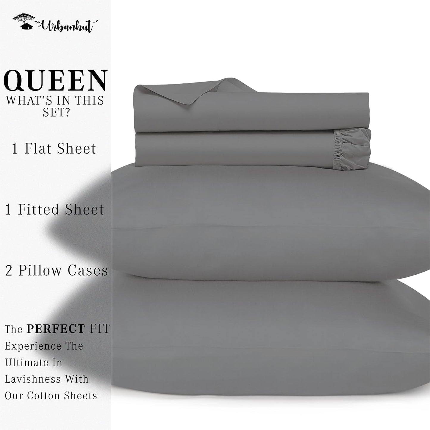 URBANHUT 700 Thread Count Egyptian Cotton Sheets Queen Size, 4Pc Sheet Set Soft Luxury Bed Sheets for Queen Size Bed, Sateen Weave Hotel Sheets, 16'' Elasticized Deep Pocket - Dark Grey