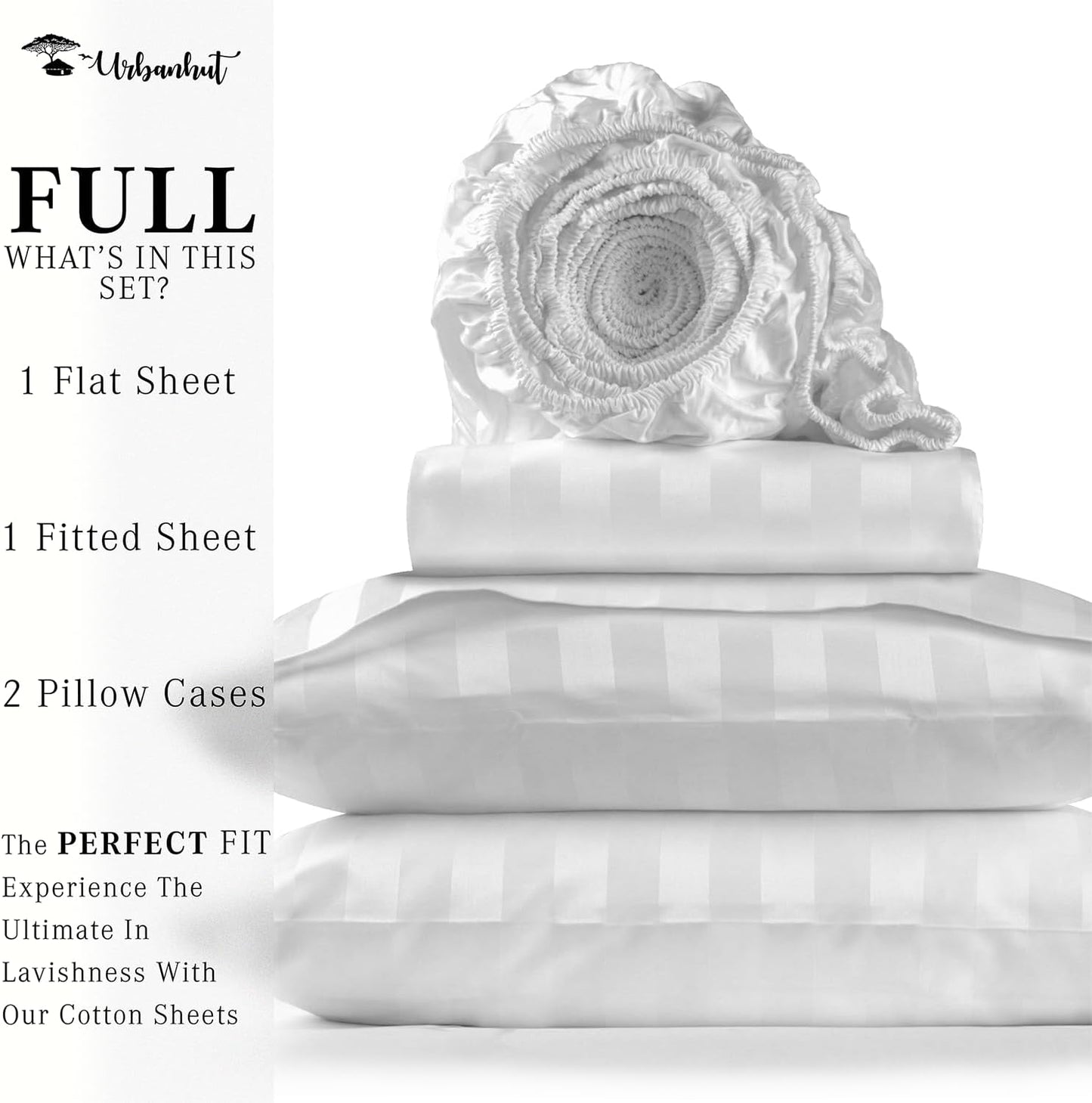 URBANHUT 1000 Thread Count Egyptian Cotton Sheets Damask Striped Full Size, Long Staple Soft & Breathable, 4 Pc Bed Sheet Sets, Luxury Hotel Sateen Sheets Fits 16" Deep Pocket - White