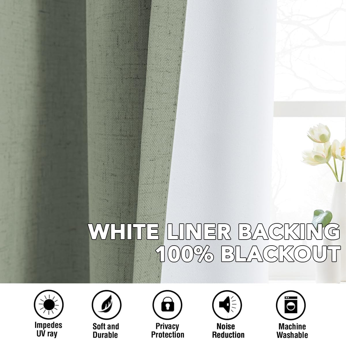 H.VERSAILTEX Linen Curtains 100% Blackout Curtains for Bedroom 84 inch Long Full Light Blocking Nature Linen Blended Window Curtains for Living Room Nickel Grommet (2 Panels, Heathered Dried Sage)