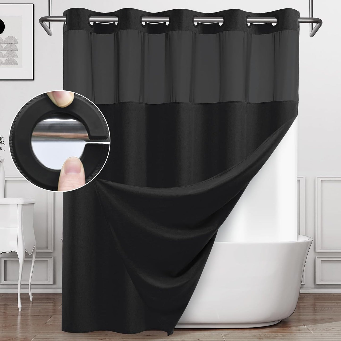 Long No Hook Shower Curtain with Snap in Liner, Polyester Textured Shower Curtain with Liner Set, Waterproof Washable Hotel Style Shower Curtains for Bathroom, 71Wx80H, Black