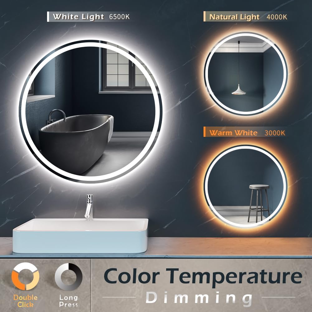 KWW Round Mirror Bathroom LED Lighted Mirror, Illuminated Dimmable Anti-Fog Wall-Mounted Makeup Vanity Mirror with Lights (36 inches)