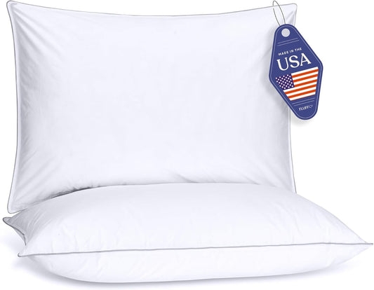 FluffCo Down Alternative Pillows Standard/Queen Size Set of 2 - Queen Bed Pillows for Sleeping - Made in USA - Cooling Surface and Machine Washable for Side, Back, and Stomach Sleepers - Gift for Home