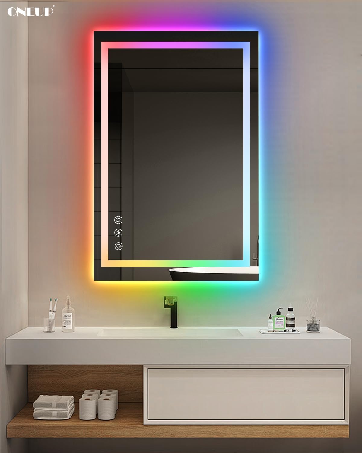 oneup 24x36'' RGB LED Bathroom Mirror with Lights,RGB Color Changing Bathroom Mirror,Lighted Vanity Mirrors for Wall,Dimmable,Anti-Fog,IP54 Waterproof (Horizontal/Vertical)