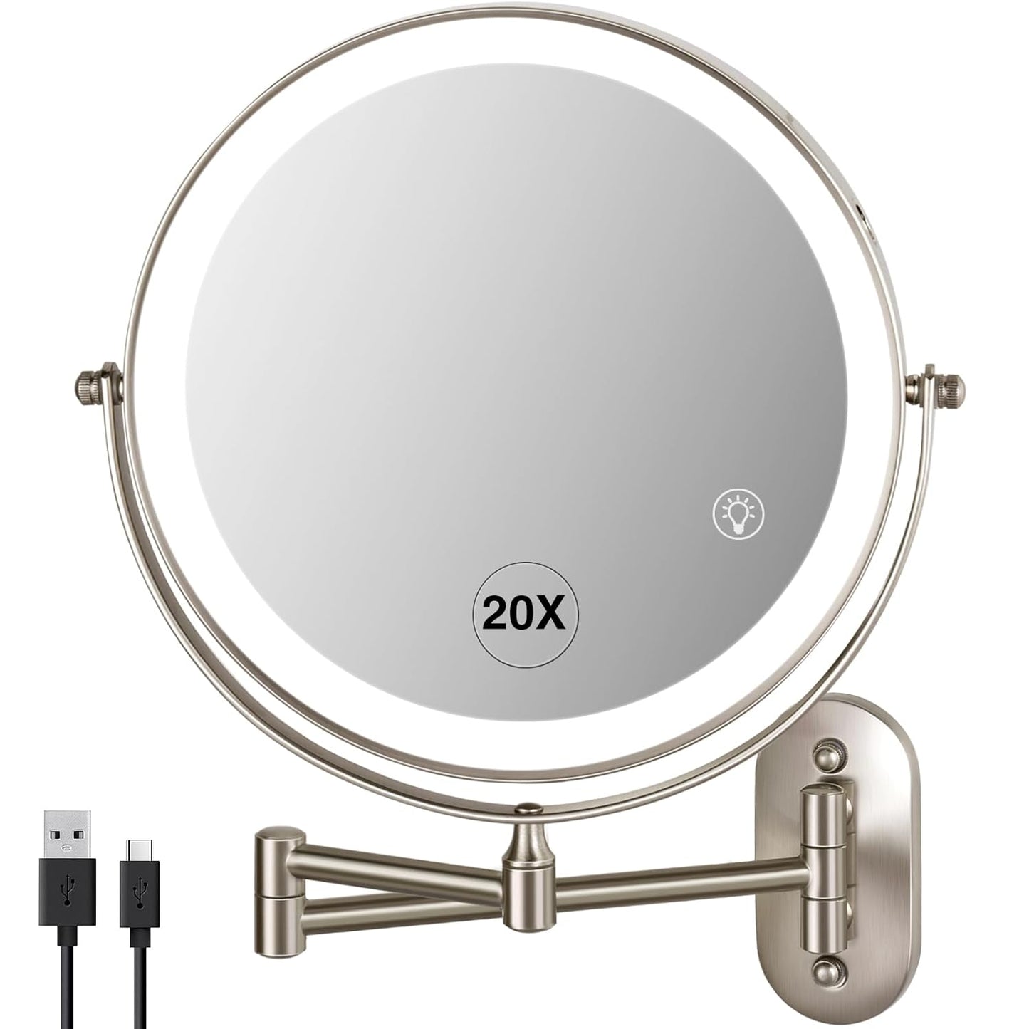 20X Magnifying Mirror with Light: 8.5 Inch Lighted Makeup Mirror, Wall Mount, 360 Rotation, Touch Screen, Rechargeable, Brushed Nickel