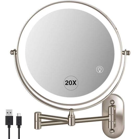 20X Magnifying Mirror with Light: 8.5 Inch Lighted Makeup Mirror, Wall Mount, 360 Rotation, Touch Screen, Rechargeable, Brushed Nickel