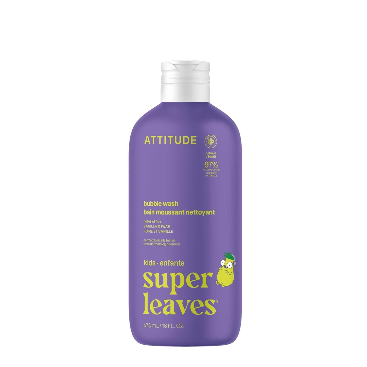 ATTITUDE Bubble Wash for Kids, EWG Verified Bubble Bath, Hair Shampoo and Body Soap, Dermatologically Tested, Plant- and Mineral-Based, Vegan, Vanilla & Pear, 16 Fl Oz