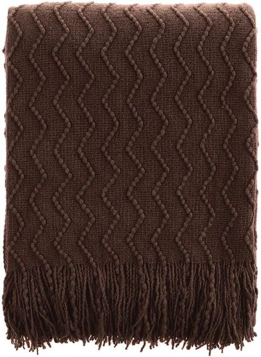 BATTILO HOME Dark Brown Throw Blanket for Couch, Boho Throw Blanket for Home Decor, Decorative Chocolate Knit Throw Blankets for Chair Sofa, Bed, 50"x60"