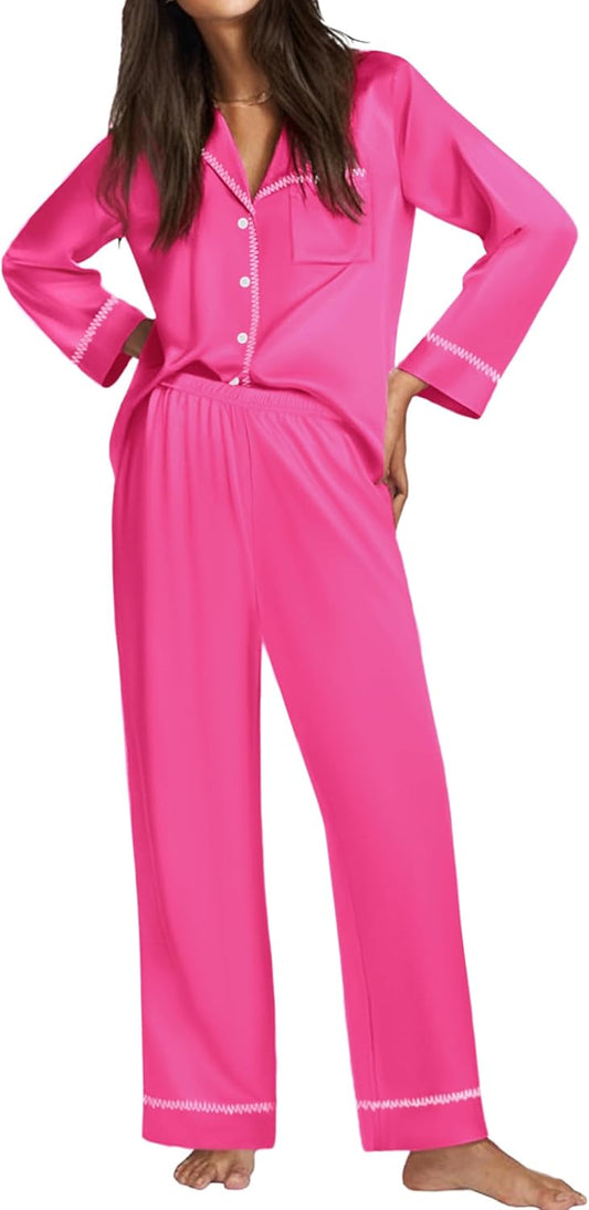 Ekouaer Satin Pajama Set for Women Silky Sleepwear Long Sleeve Top and Pants Button Down Pjs Lounge Set