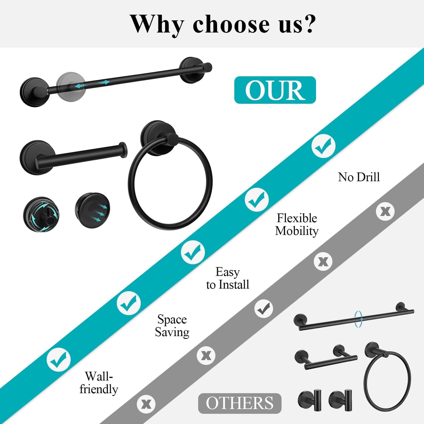 5 Piece Suction Cup Bathroom Accessories Set, Adjustable 12-21 Inches Suction Cup Towel Bar Towel Racks, Robe Towel Hooks Toilet Paper Holder for Glass Shower Door Bathroom Matte Black