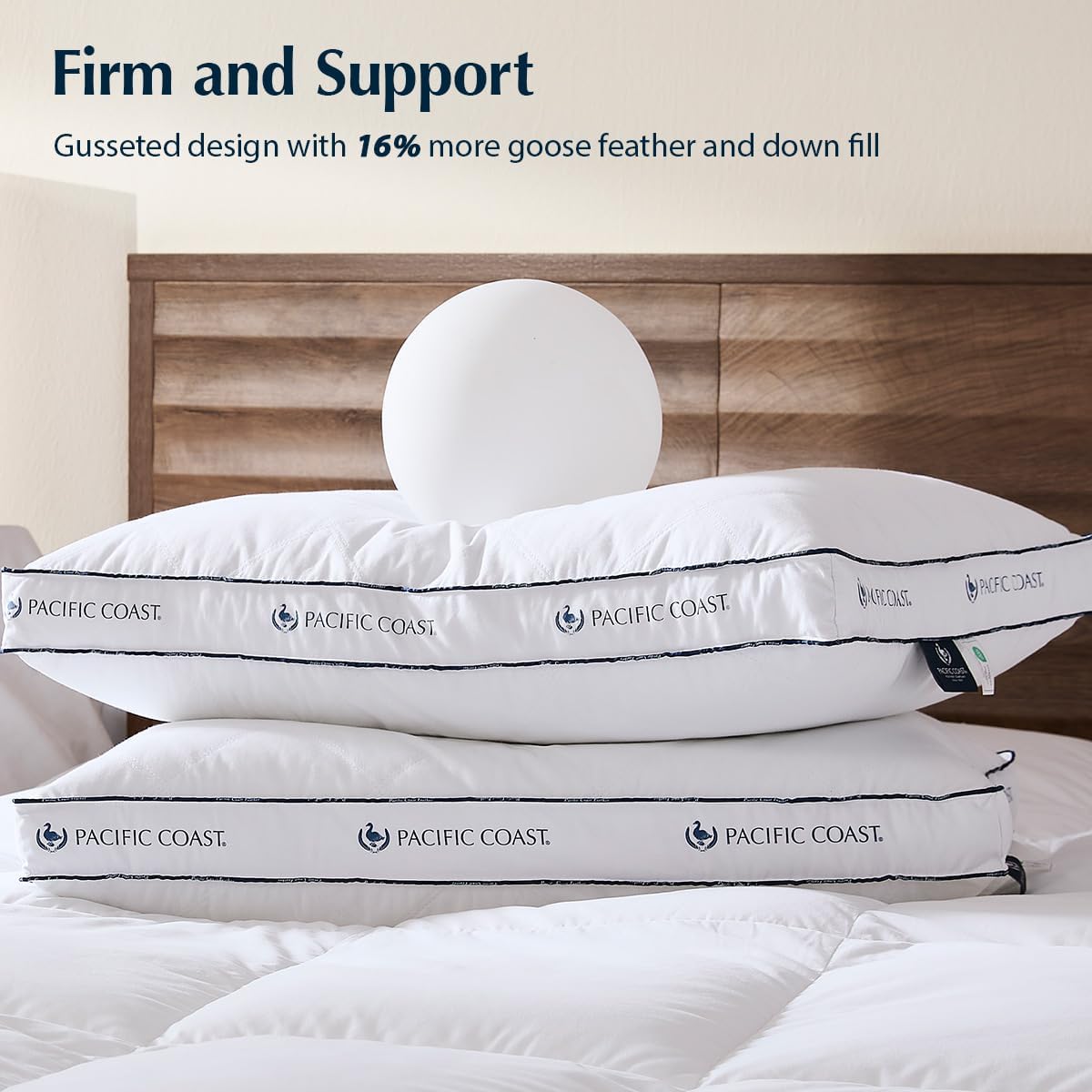 Pacific Coast Gusseted Bed Pillows for Side Sleepers and Back Sleepers, Goose Feather and Down Firm Pillows with 100% Cotton Shell, King Size Set of 2, Supportive Gusseted Pillows for Sleeping
