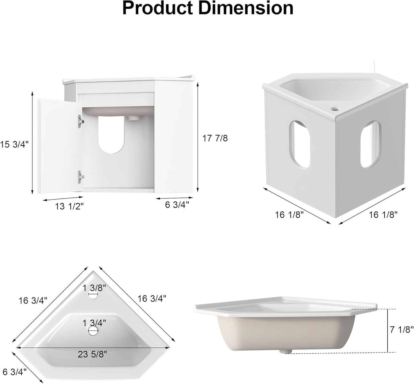 Corner Bathroom Vanity Sink Cabinet 24", Wall Mount Floating for Small Bathroom, White Ceramic Top (Faucet Not Included) (Flat Panel)